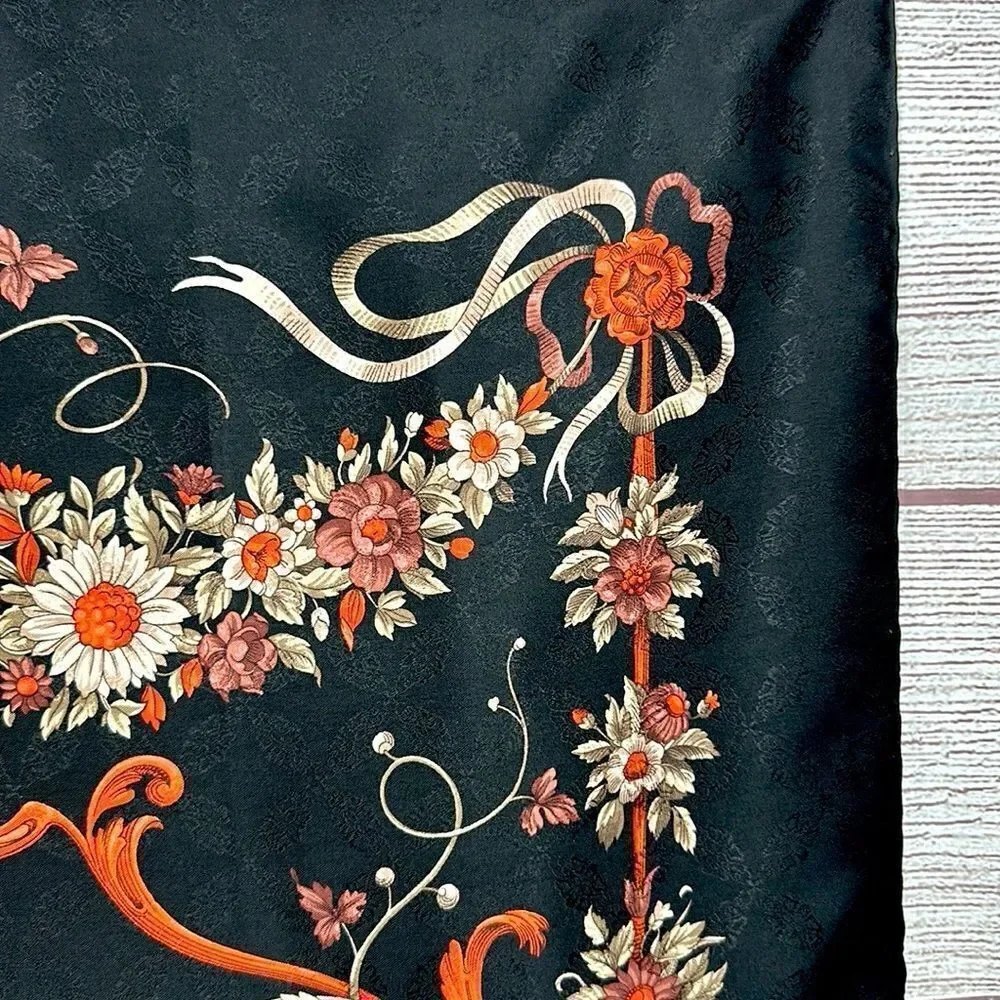 Marina D’Este Silk Scarf Black Burnt Orange Floral Hand Rolled